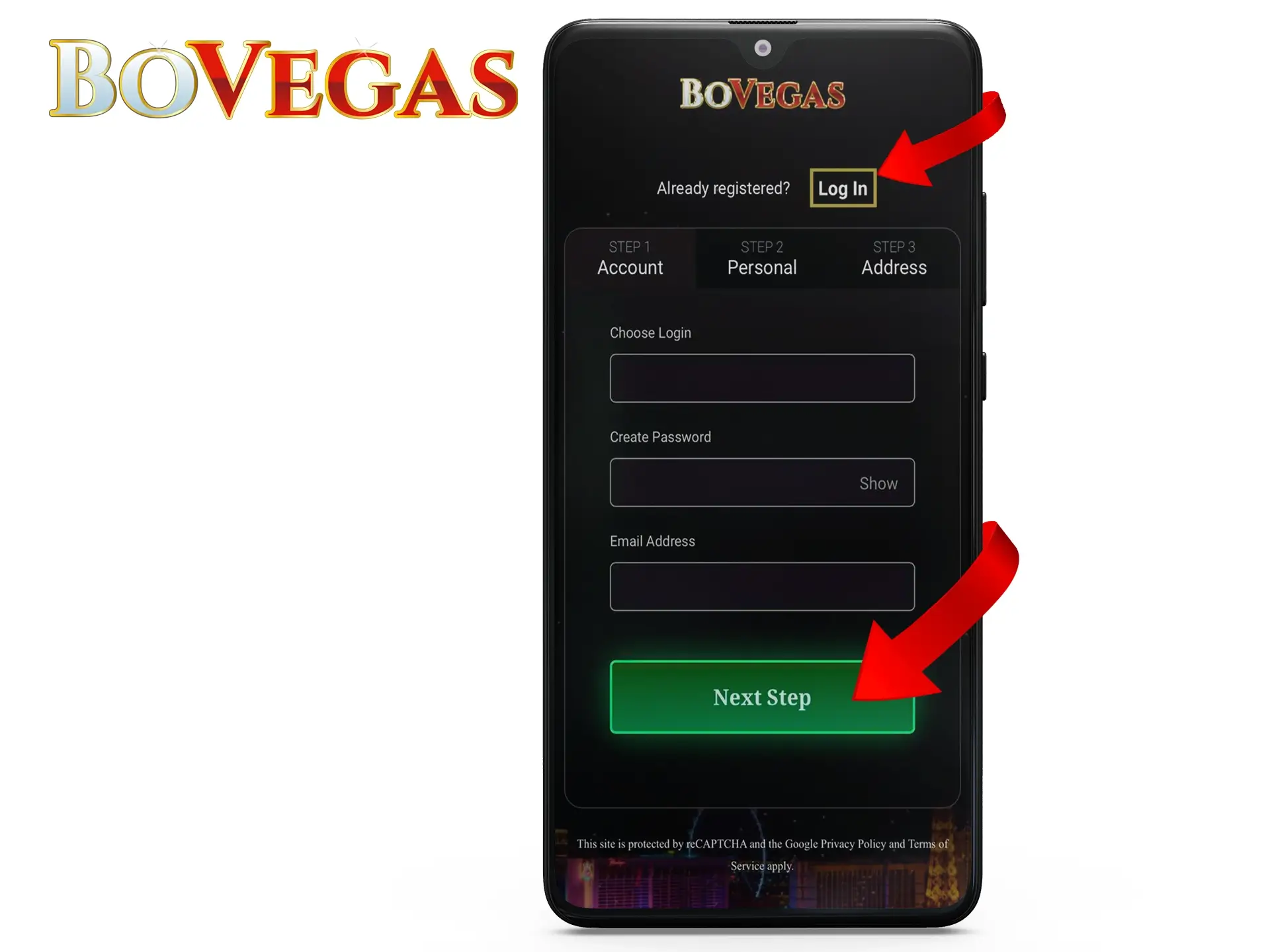 Register or log in at BoVegas mobile version on any Android device.