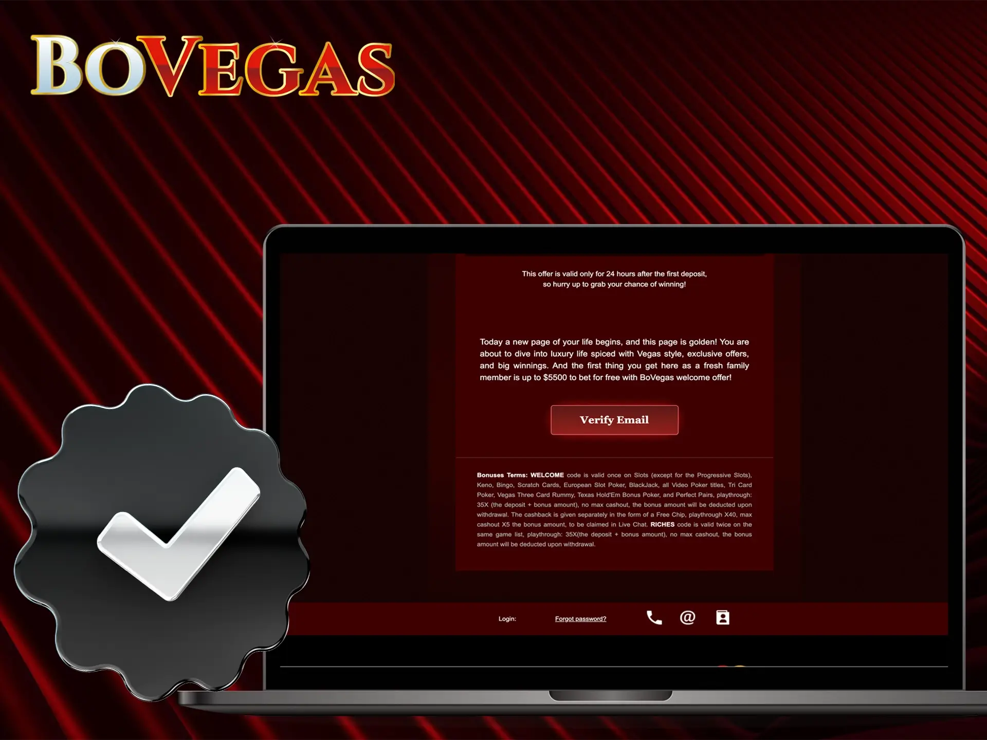Confirm your personal account to unlock all the features and functionality of the BoVegas casino site.