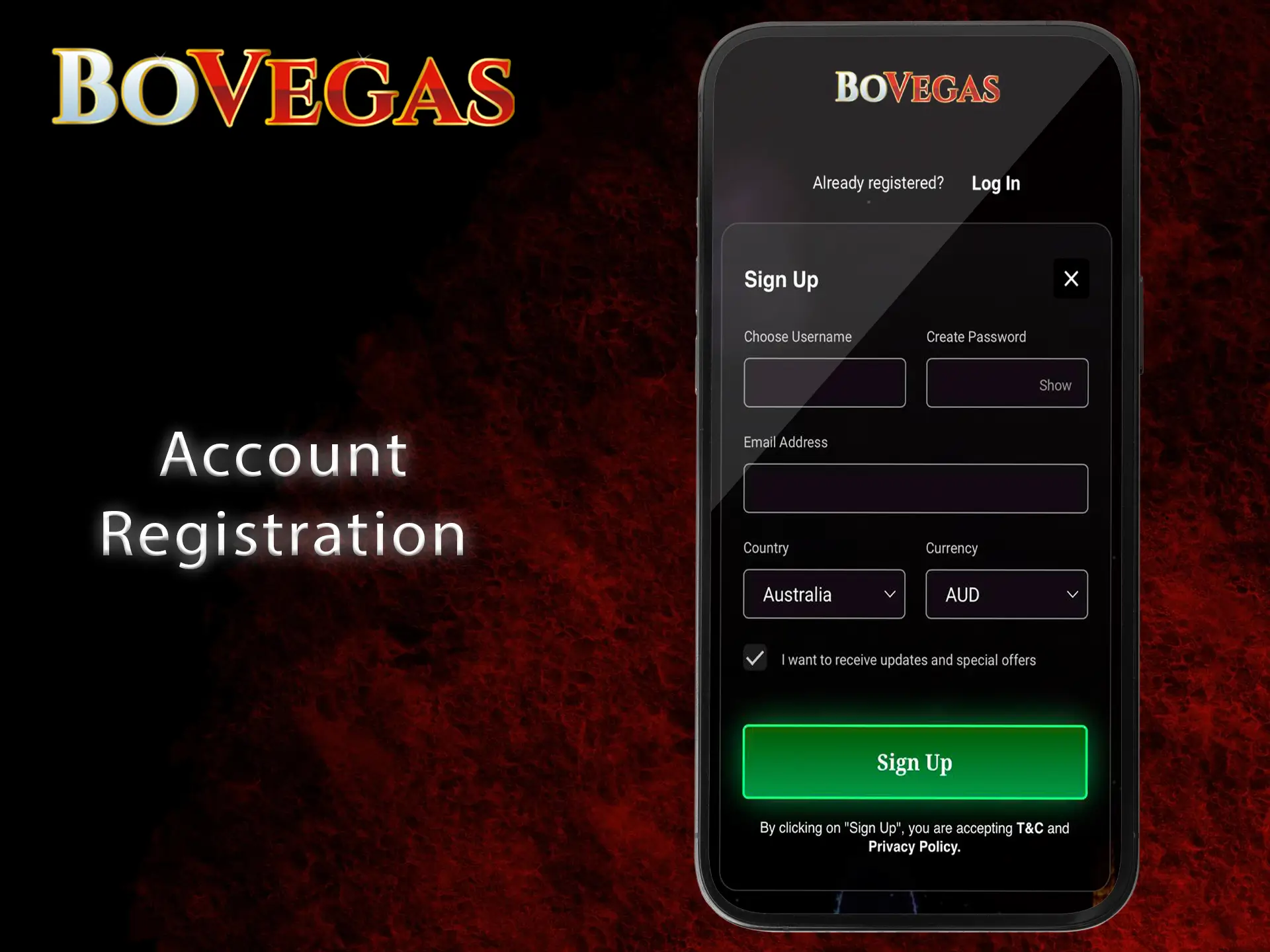 Register an account through the BoVegas mobile.