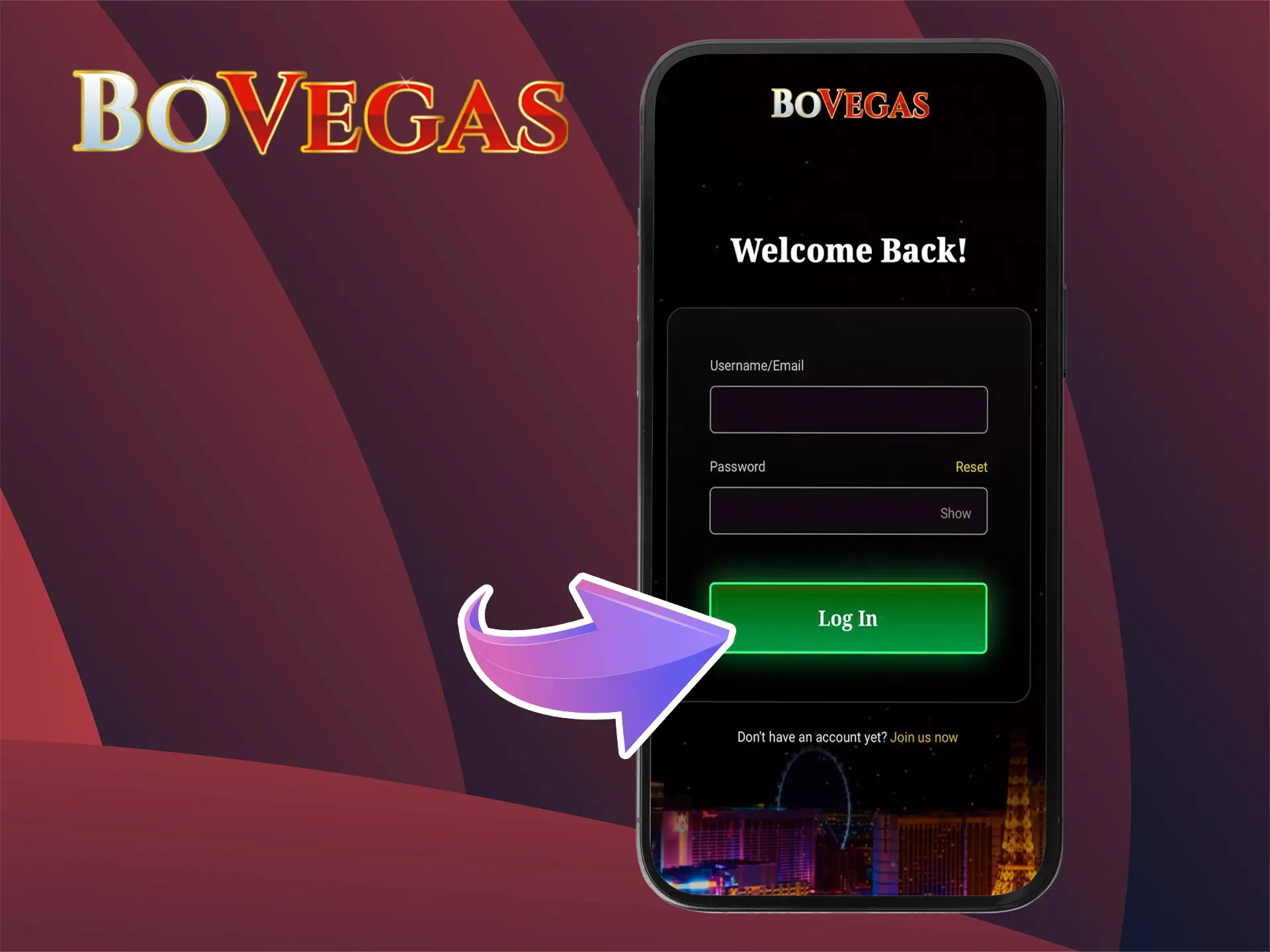 Enter your details to access your BoVegas casino account.