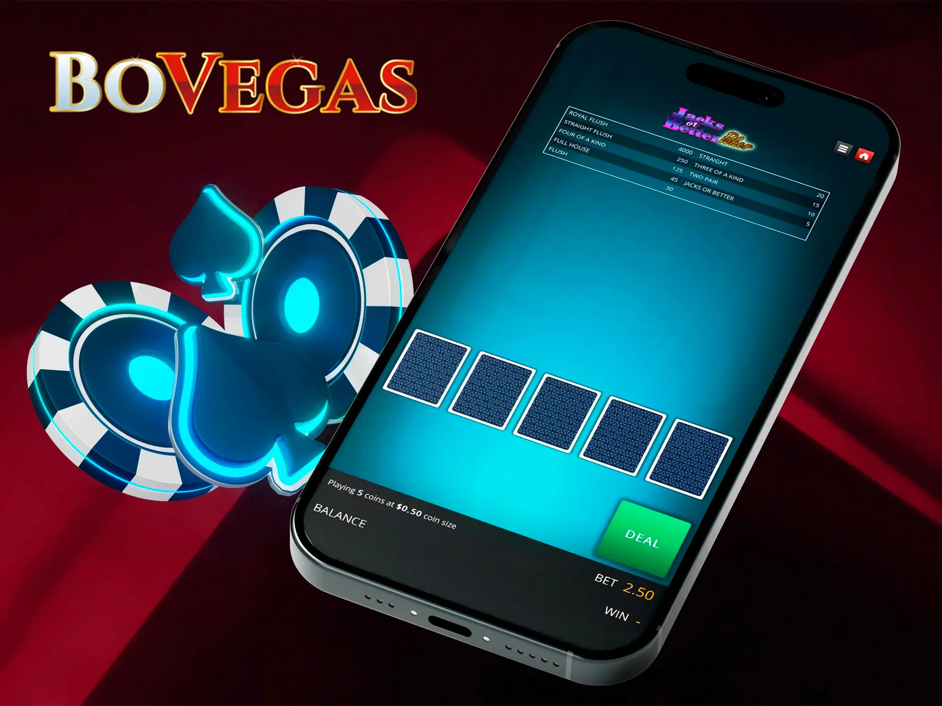 High quality graphics and instant access to poker are always available on the app from BoVegas Casino.