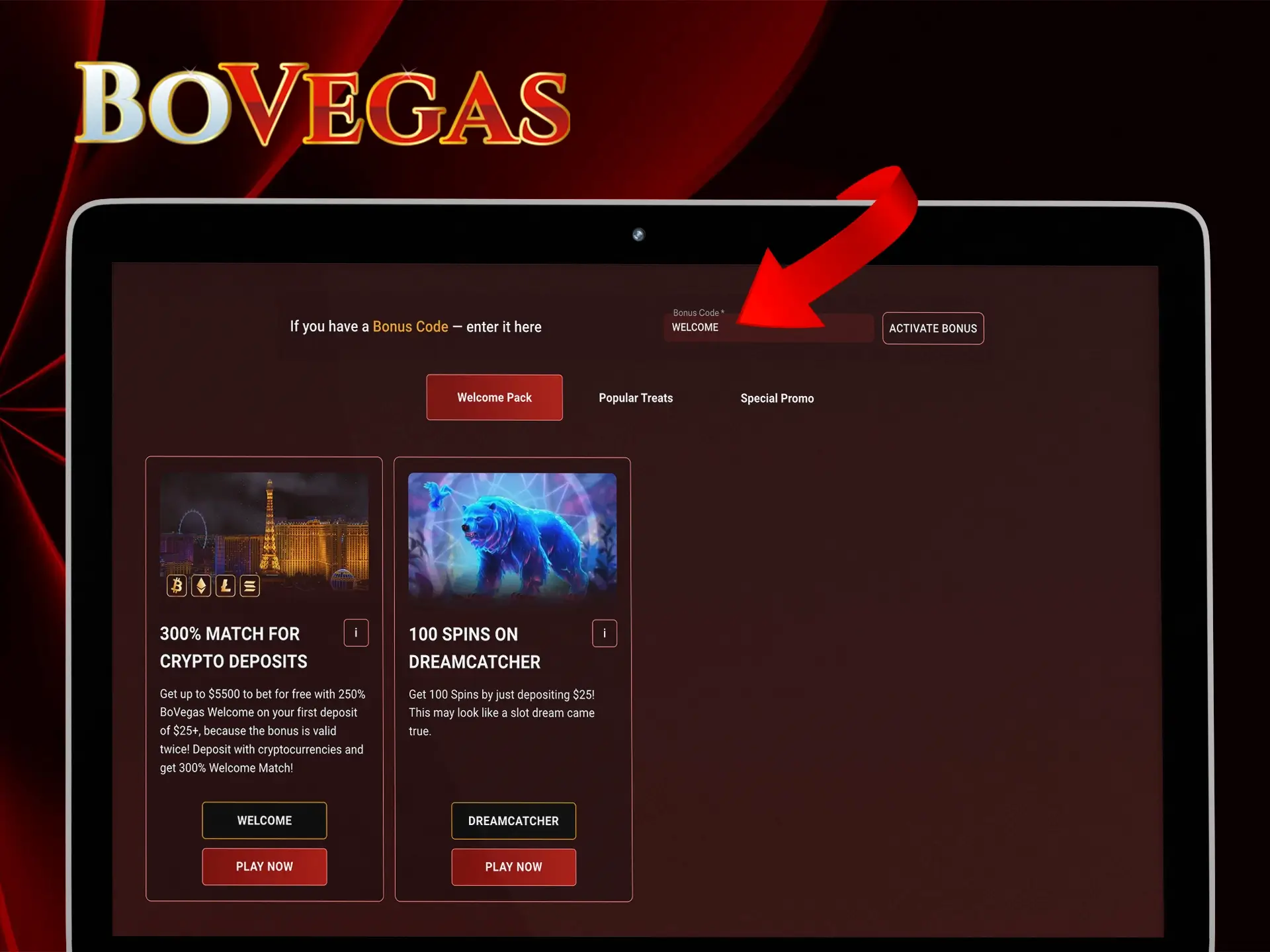 Register an account with BoVegas to enable the use of promo codes.