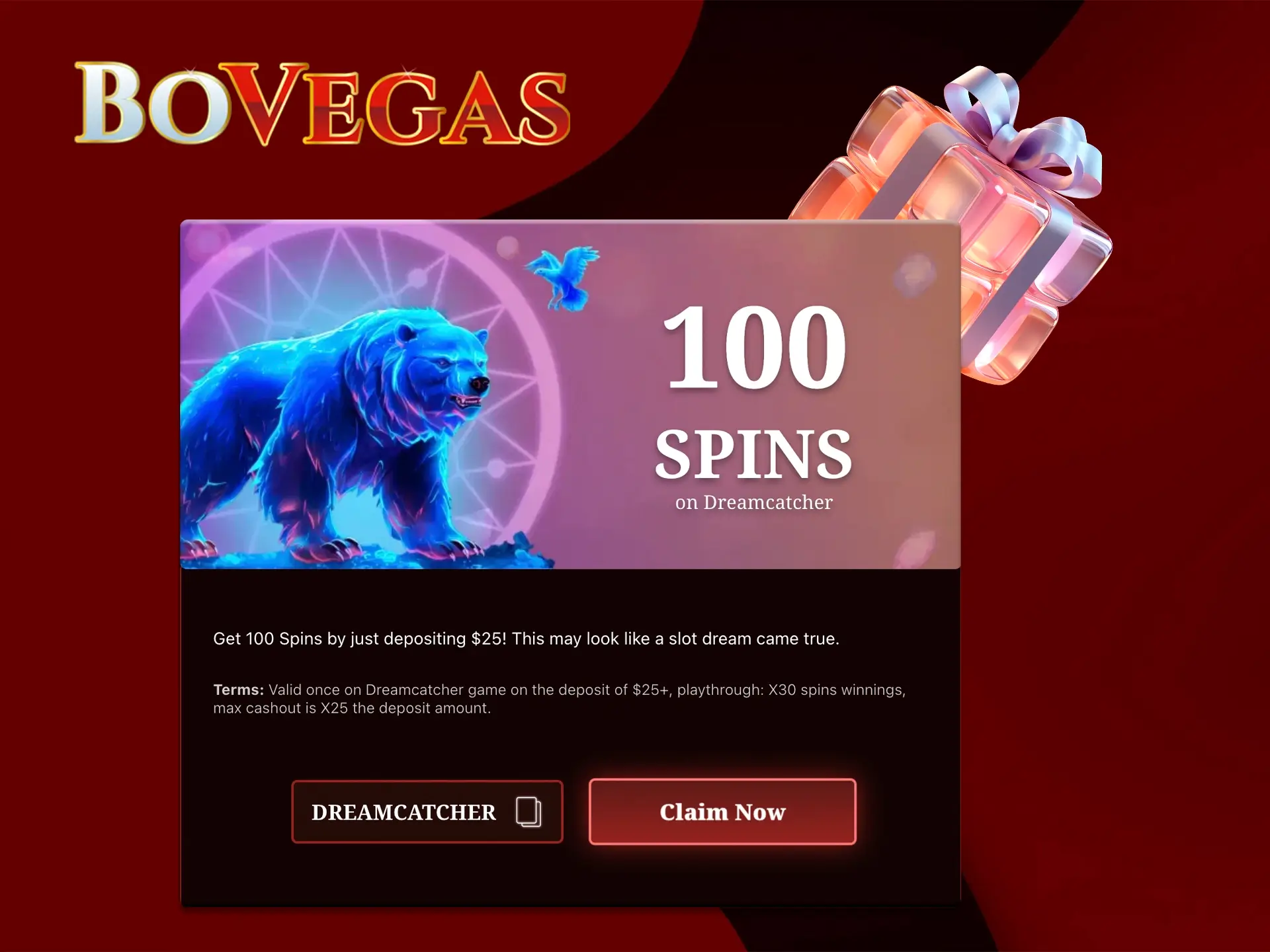 Use a special promo code and get BoVegas 100 free chips for the Dreamcatcher slot.