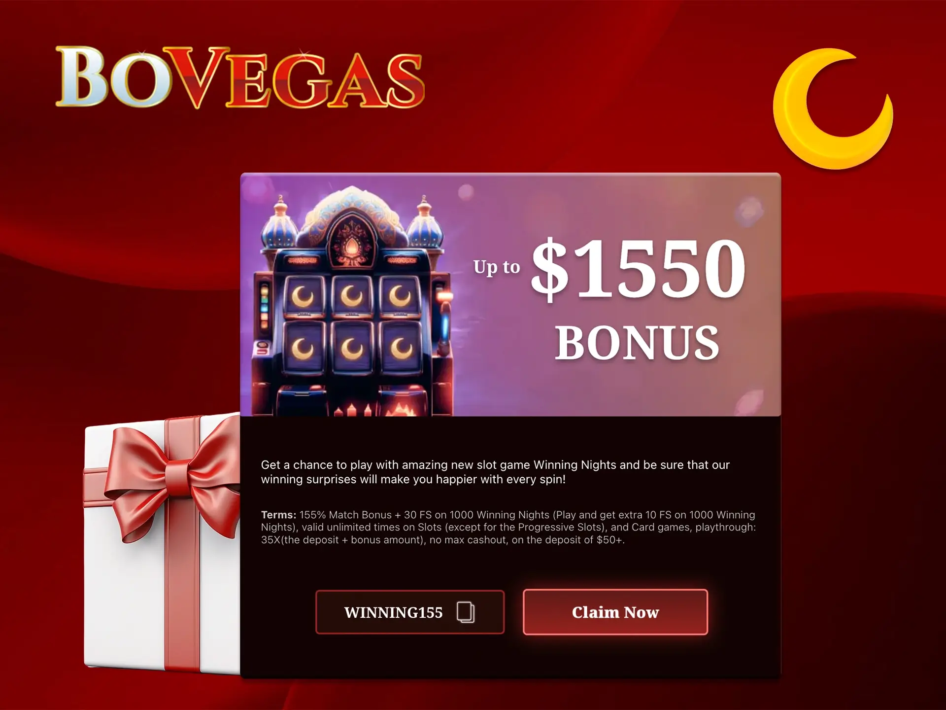 Play the Winning Nights slot with an exclusive BoVegas bonus of 155% up to 2,400 AUD and 30 FS.